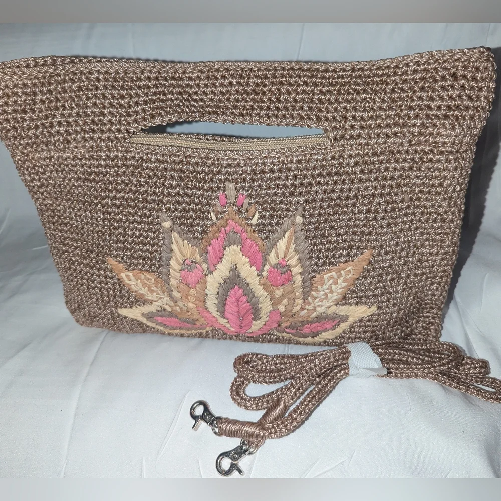 The Sak Linden Brown Hand Crochet Lotus Crossbodybag Clutch